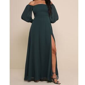 NEW Lulus Feel The Romance Emerald Green Off-the-Shoulder Princess Maxi Dress